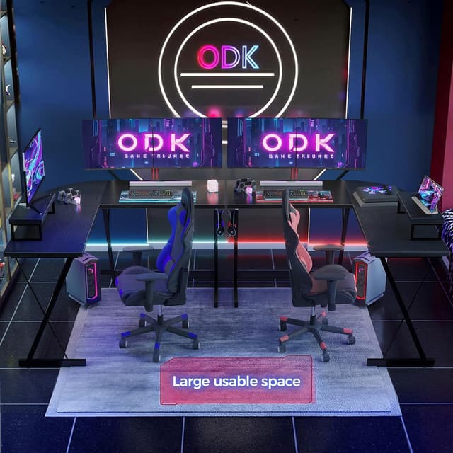 Detalle de ODK L Shaped Gaming Desk with Monitor Stand (127x127x75 cm) – Black