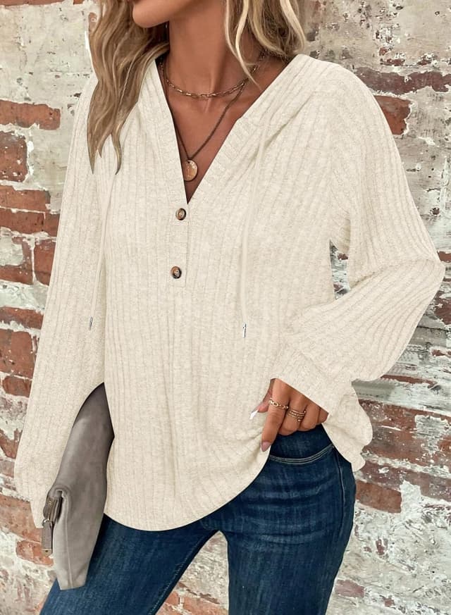 Detalle de Syphiby women’s long sleeve hoodie tunic jumper with drawstring, V-neck and button front