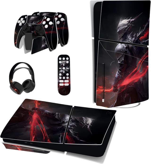 Detalle de playvital Full Set Skin Stickers for PS5 Slim Disc Edition (Abyss Knight) – vinyl decals for console, controller, charging station, headset & media remote