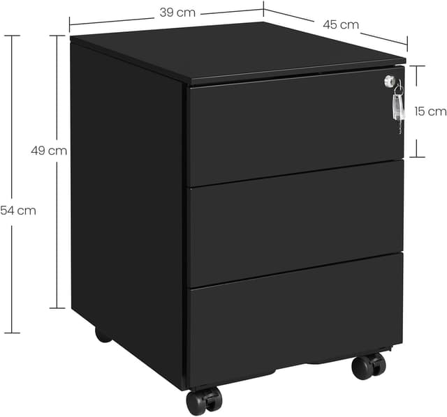 Detalle de SONGMICS OFC63BK Cassettiera da ufficio con ruote e chiusura, 3 cassetti per scrivania (45 x 39 x 54 cm) in nero opaco