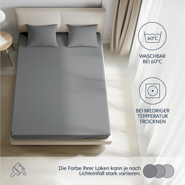 Detalle de Dreamzie Premium Spannbettlaken 140x200 cm aus Jersey-Baumwolle (anthrazit) – für Matratzen bis 22 cm
