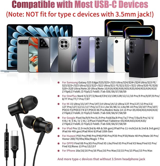 Detalle 2 de ACOCBUY USB-C Headphones with Mic for Samsung, iPhone & Pixel (Wired In-Ear) – Black