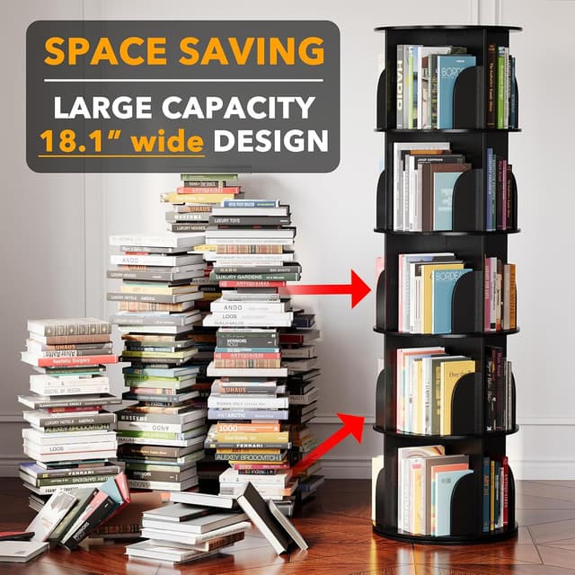 Detalle de SpaceAid 5-Tier Rotating Bookshelf Tower (Lazy Susan Spinning Bookcase) in Black