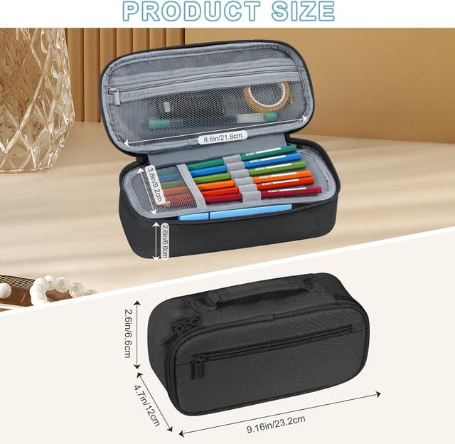 Detalle de Betarami Black Pencil Case with Handle – large portable stationery pouch for home, school & office