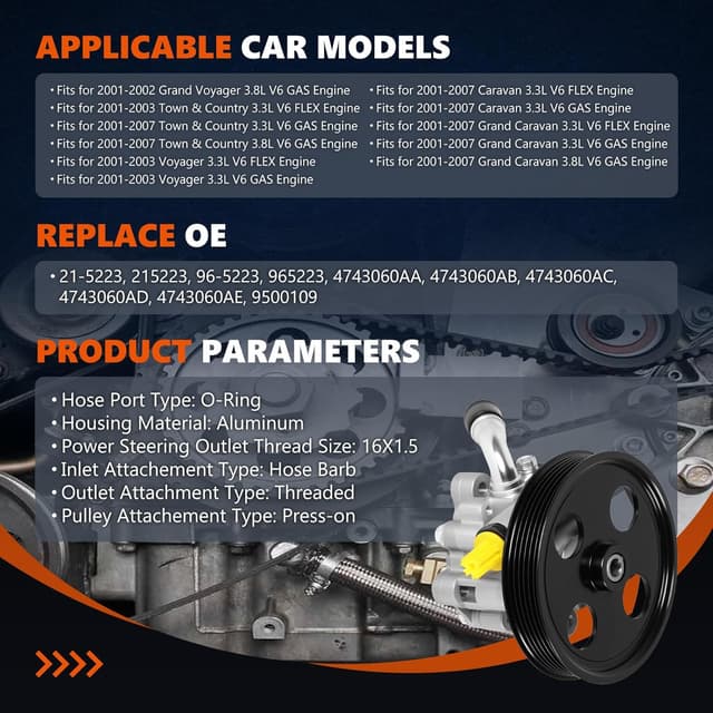 Detalle 2 de Daysyore 21-5223 Power Steering Pump with Pulley (OE-Quality Replacement for 2001–2007 Town & Country/Caravan 3.3L–3.8L)