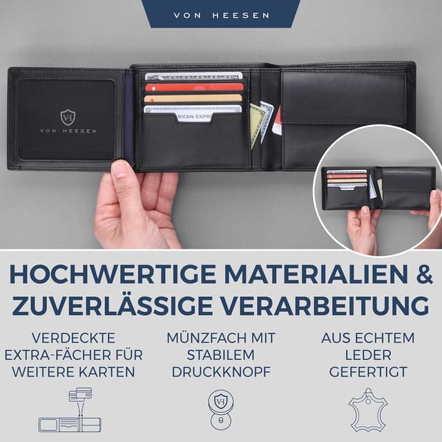 Detalle de VON HEESEN Leder-Geldbörse mit RFID-Schutz aus Echtleder (Schwarz, Glatt)
