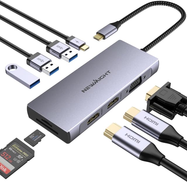 Detalle de Station d’accueil USB C 9 en 1 avec double HDMI + VGA + 100W PD – Dock USB-C double affichage