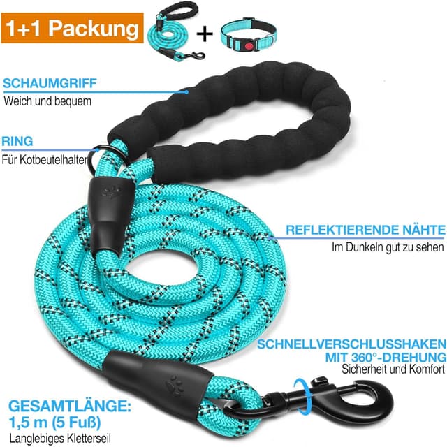 Detalle 2 de haapaw reflektierendes gepolstertes Hundehalsband aus Neopren (Nylon) inkl. 1,5 m Hundeleine
