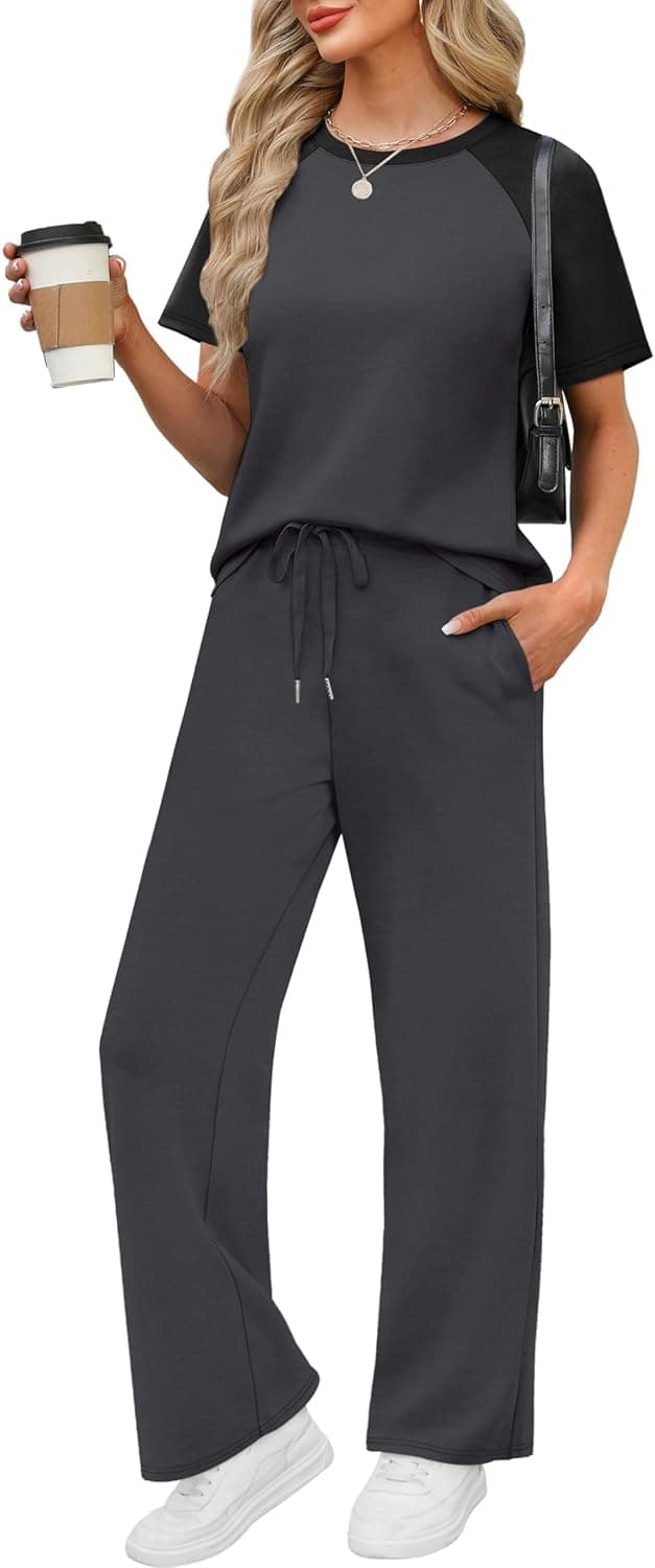 Detalle de WIHOLL 2-Piece Women’s Resort & Travel Lounge Set (Short-Sleeve Top + Wide-Leg Pants)