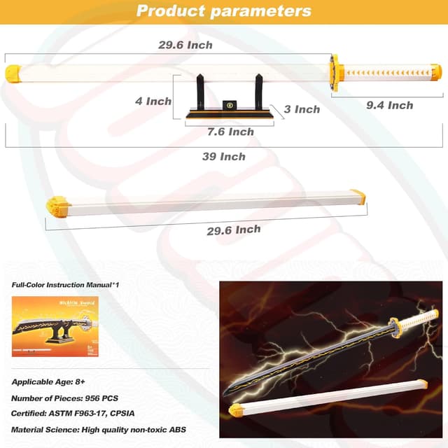 Detalle de Swords Building Set 39in Zenitsu Sword (956 Pieces) with Scabbard and Stand