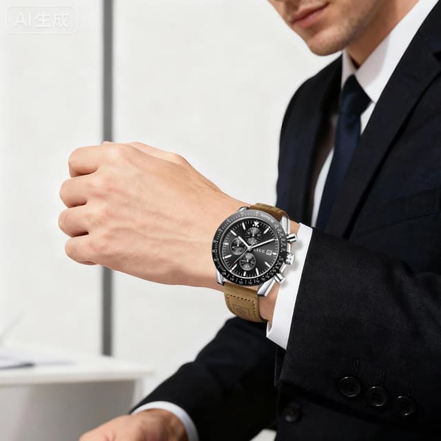 Thumbnail 6 de LIGE Montre Homme chronographe analogique Quartz bracelet cuir souple 45 mm