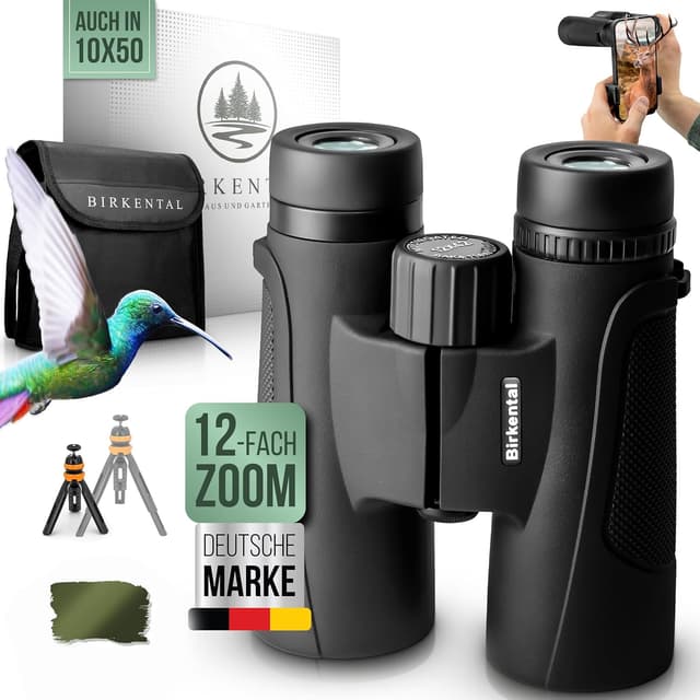 Detalle de Birkental Fernglas 12x42 für Erwachsene inkl. Zubehör – wasserdicht, kompakt und für Jagd, Vögel, Astronomie