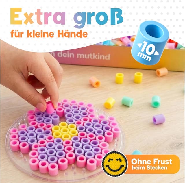 Detalle de MUTKIND® XL Bügelperlen-Set 10 mm (1500 Stück) Pastellfarben – inkl. 50 Vorlagen zum Download