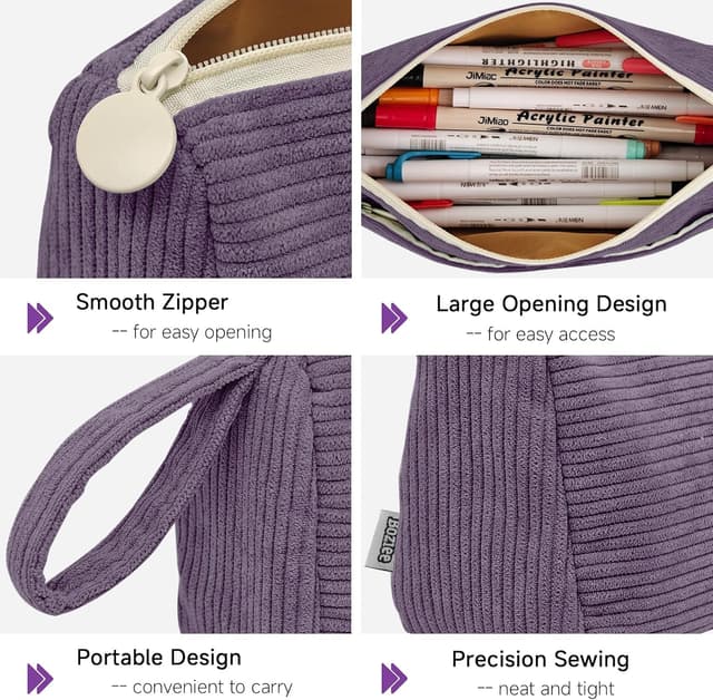 Detalle de Boziee Cord-Stoff Federmäppchen Mäppchen mit Doppelreißverschluss (lila) – große Kapazität