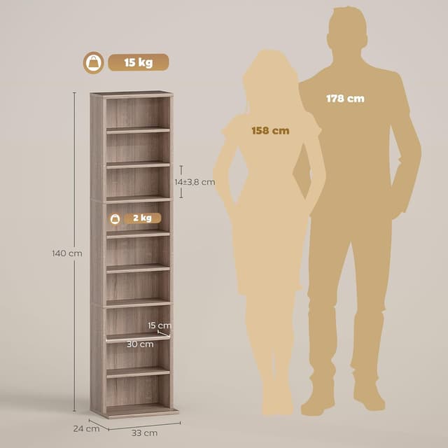 Detalle de HOMCOM meuble de rangement CD/DVD avec étagères réglables (jusqu’à 260 CD / 120 DVD), 33 x 24 x 140 cm