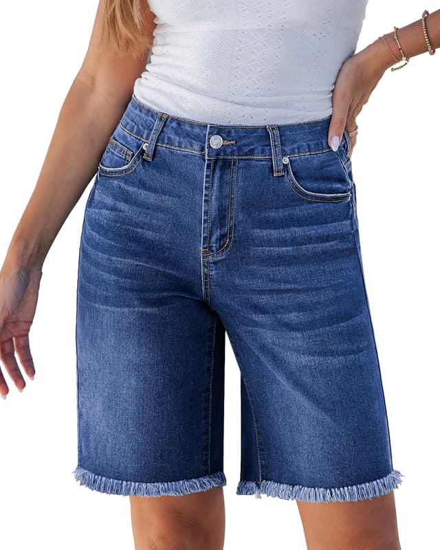 Detalle de luvamia Women’s Jean Bermuda Shorts (Mid-Rise, Raw Hem, Knee-Length, Stretch Denim)
