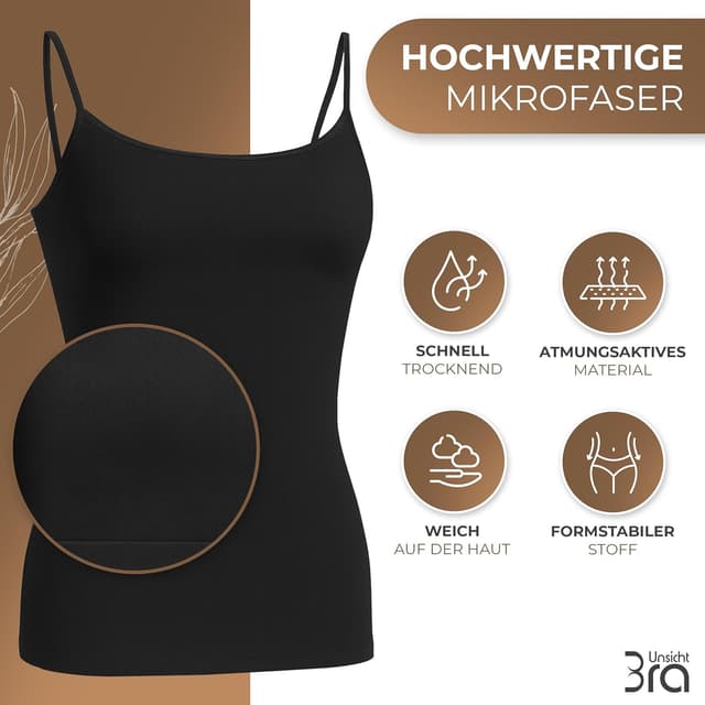 Detalle de UnsichtBra 3er Pack Damen Shape Unterhemden mit Spaghettiträgern (Mikrofaser, ohne Bügel) – Weiß/Schwarz/Beige