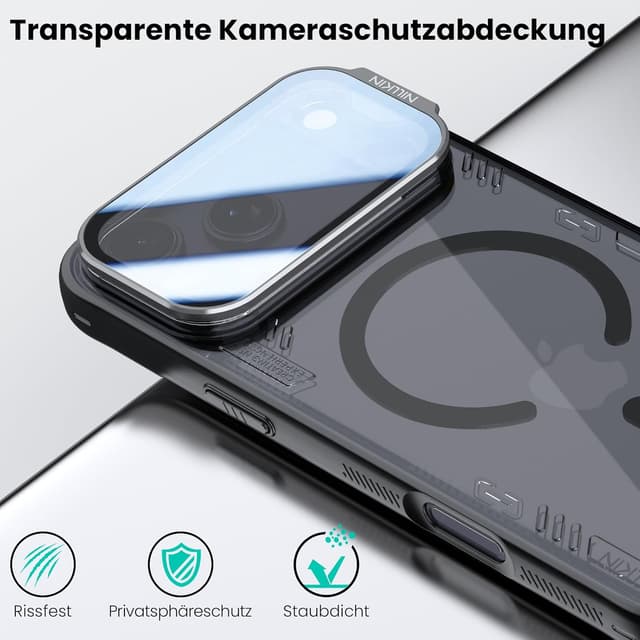 Detalle de Nillkin Hülle für iPhone 17 Pro Max – MagSafe-kompatibles dünnes Case mit transparentem Kameraschutz & Ständer, klar schwarz
