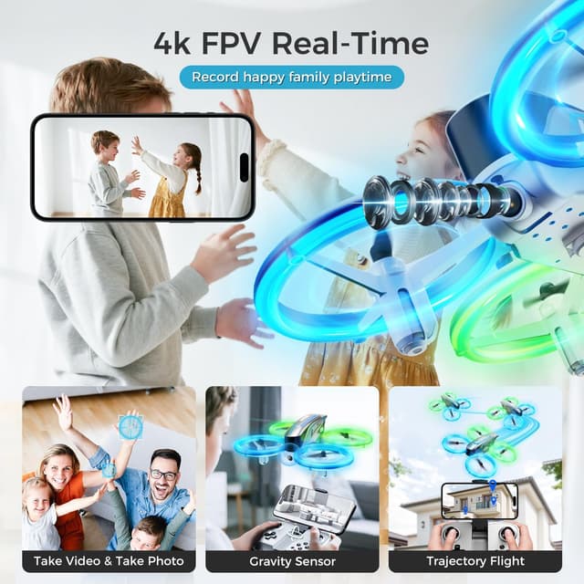 Detalle de Q1 Mini Drone with Camera 4K (for Kids 8–12) – RC Quadcopter with LEDs, Headless Mode & 3D Flips, Grey