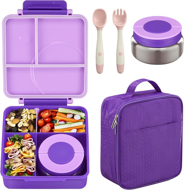 Detalle de Kids Bento Lunch Box Set with 8oz Soup Thermo (Leak-Proof) + 4-Compartment Containers, Insulated Lunch Bag - Purple