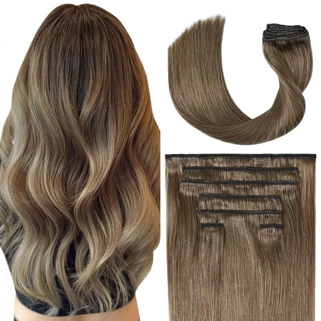 Detalle de UGOTRAYS Ash Brown 15-Inch Clip-in Hair Extensions (70G, Remy, 16 Clips)