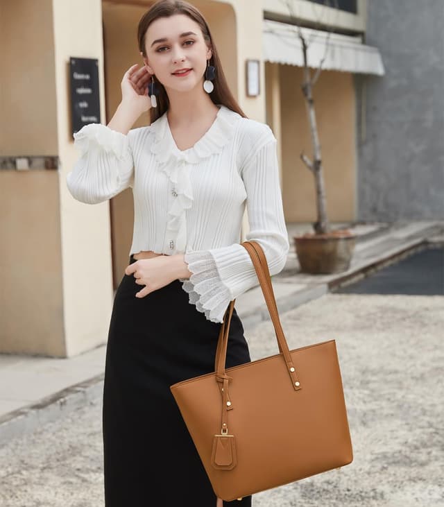 Detalle de MORGLOVE Women’s Soft Faux Leather Large Tote Bag (Zip, Brown) for School & Work