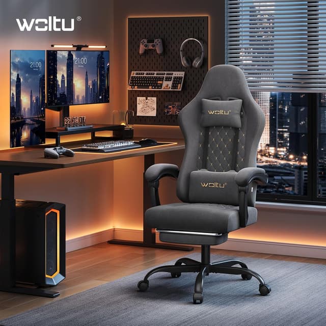 Detalle 2 de WOLTU Gaming Stuhl mit Massagefunktion, Lordosenstütze, 150-kg-Last & Fußstütze (Grau+Gelb)