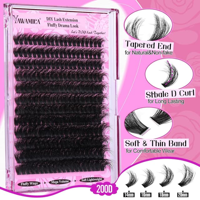 Detalle de Yawamica Fluffy Lash Clusters Thick 200D Volume Eyelash Extensions (D-Curl, 14–20mm, 240pcs) for DIY