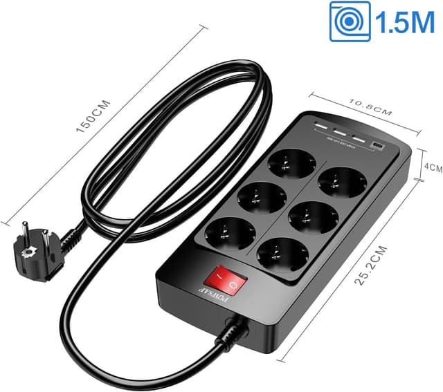 Thumbnail 6 de POWSAF Steckdosenleiste mit USB‑C, 6 AC-Steckdosen und 3× USB‑A + 1× USB‑C – mit Schalter (Homeoffice, Schwarz)