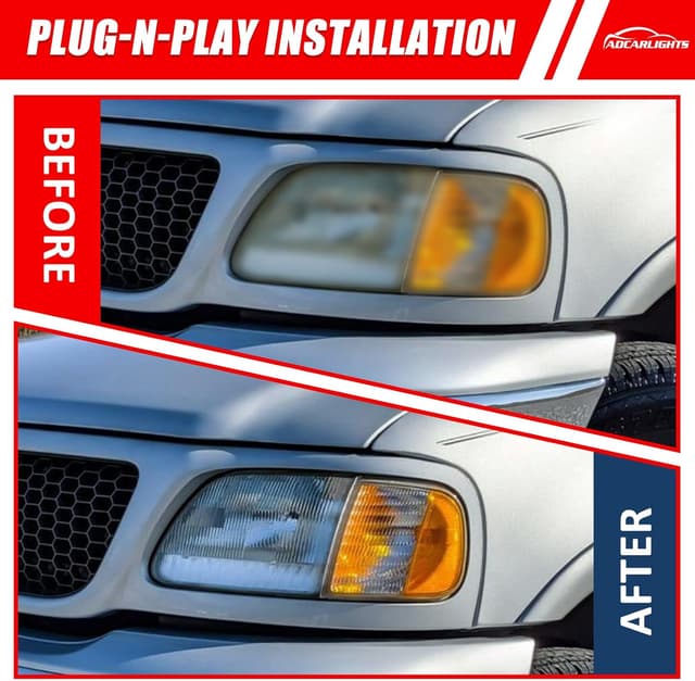 Detalle de ADCARLIGHTS Headlight Replacement Pair for Ford F-150 1997–2003 & F-150 Heritage 2004 (Chrome Housing, Amber Reflector, Clear Lens) — W/O Bulbs