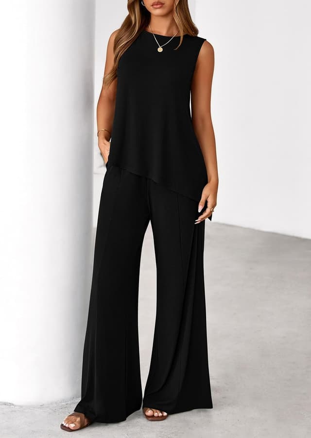 Detalle de PRETTYGARDEN Women’s 2026 Two-Piece Lounge Set: Asymmetrical Split Tank + Wide-Leg Pants