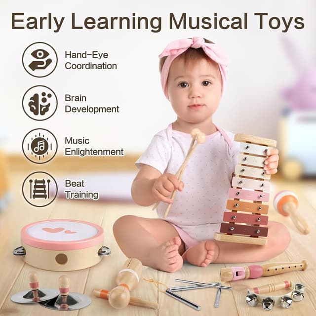 Detalle 2 de Kids Musical Instruments 8-in-1 Xylophone & Wooden Music Set (maracas, drum, bells and more)