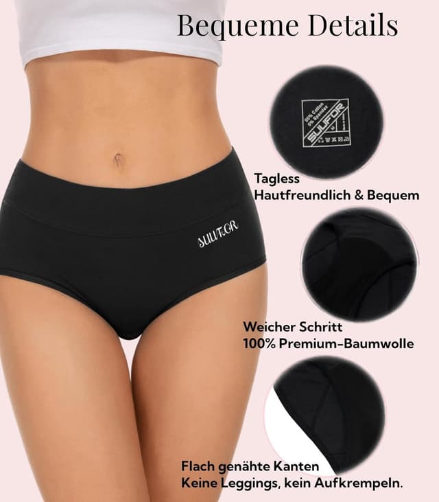 Detalle de SUUFOR Periodenunterschwäsche starke Blutung (60 ml) – hohe Taille, atmungsaktiv, auslaufsicher
