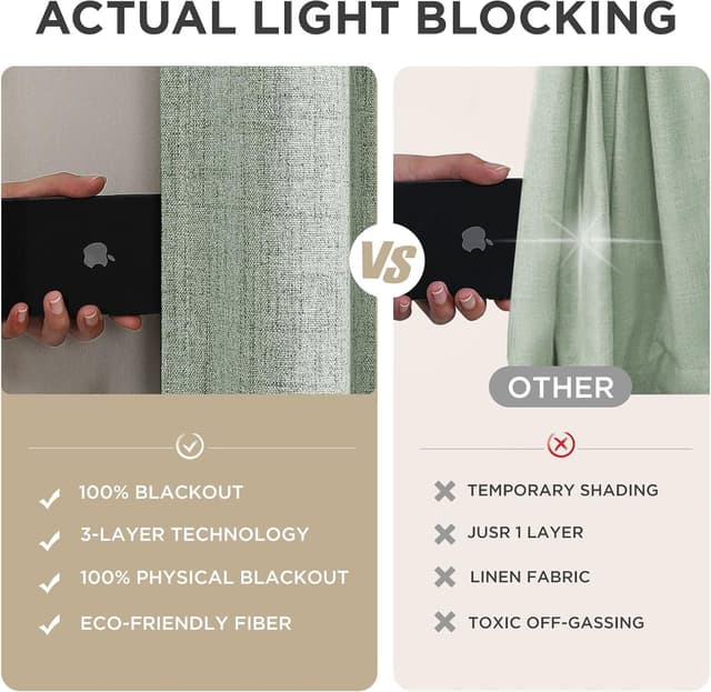Detalle de Joydeco Blackout Curtains for Bedroom, 100% Light Blocking 2 Panels (Sage Green) 42" W x 90" L, Thermal Insulated Room Darkening