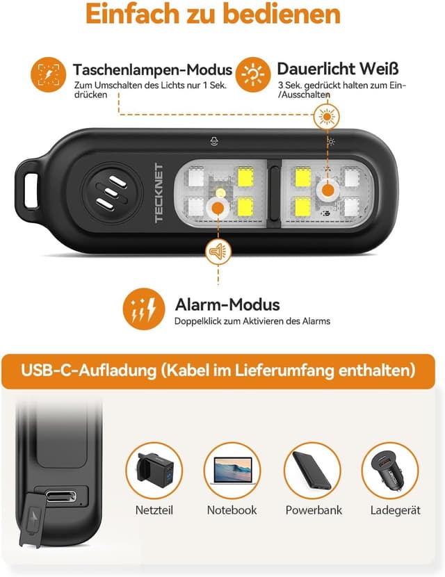 Detalle de TECKNET Taschenalarm für Frauen mit 135 dB & Stroboskoplicht, wiederaufladbare Sirene (IPX4) – schwarz