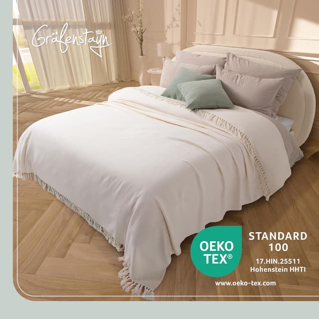 Detalle 2 de Gräfenstayn Premium Tagesdecke mit Fransen (100% Baumwolle) – Creme, XXL 220 x 240 cm