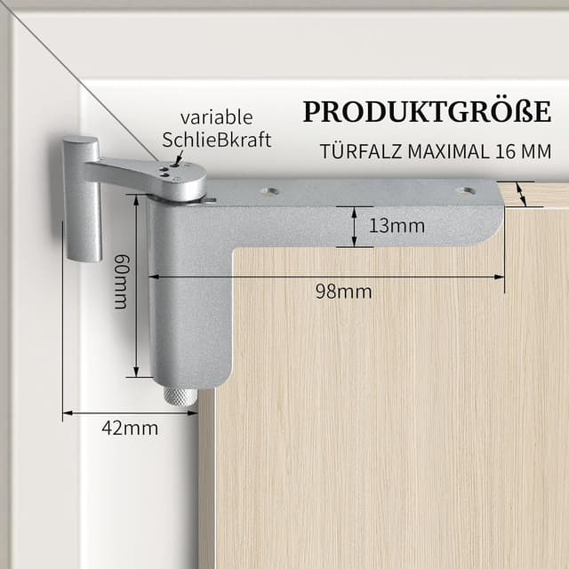 Detalle 2 de MARIE Türschließer ohne Bohren „MARIE“ – automatischer Ganzmetall-Minitürschließer für leichte Innentüren (silber)
