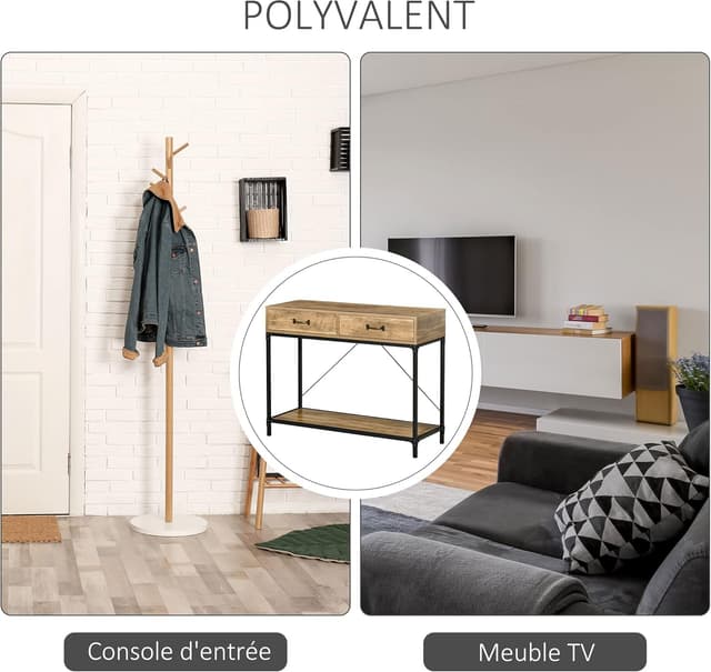 Thumbnail 6 de HOMCOM Table Console d’entrée industrielle avec 2 tiroirs et plateau aspect bois (100 x 35 x 76 cm)