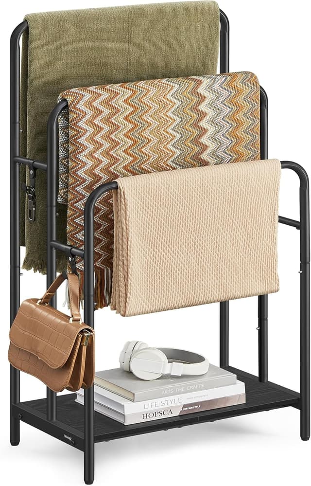 Detalle de VASAGLE LLS009B01 Porte-serviettes sur pied avec 3 barres et étagère de rangement pour salle de bain