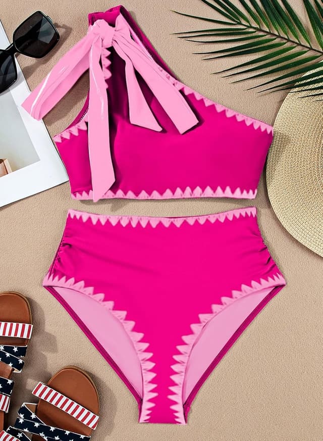 Detalle de Herseas Women’s One Bow Shoulder Ruched One-Shoulder Bikini Set (2-Piece)