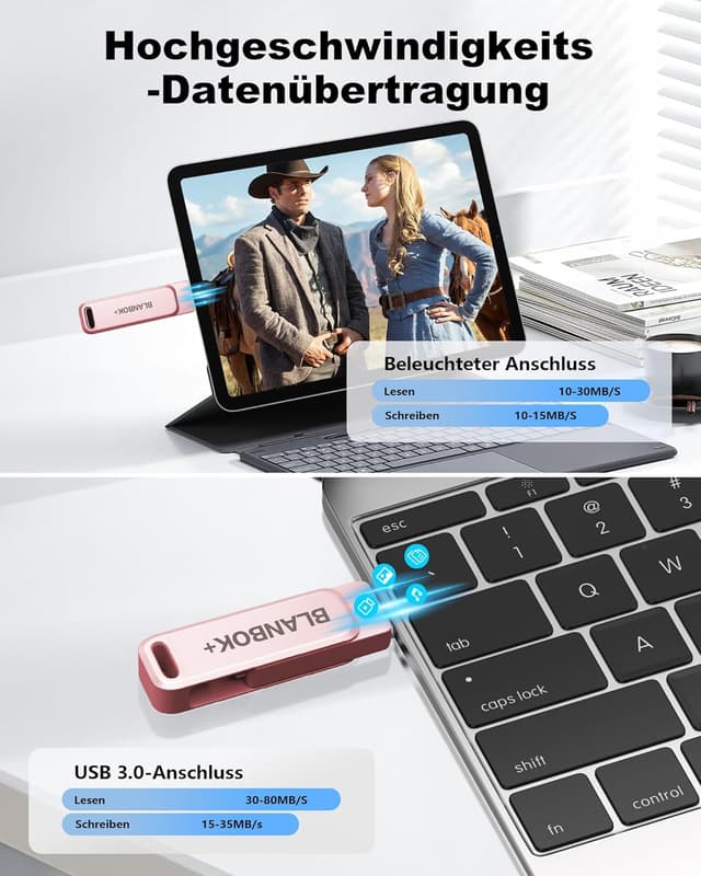 Detalle de BLANBOK+ MFi-zertifizierter 3-in-1 USB-Stick (Lightning/USB-C/USB) für iPhone, iPad, Android & PC – 256 GB, rosa
