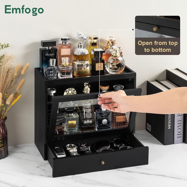 Detalle de Emfogoo Cologne Stand (Black) – Solid Wood 3-Tier Perfume Organiser with Drawer Storage