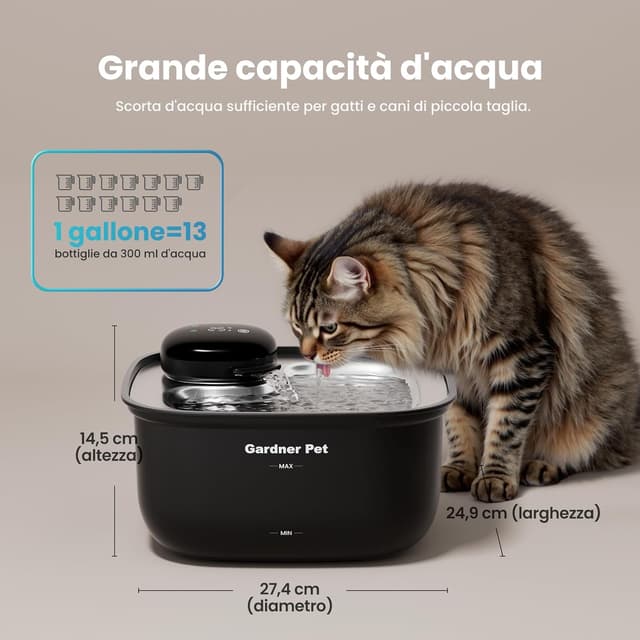 Detalle de Gardner Pet Fontana per gatti 3,78L senza fili con sensore, display temperatura e pompa silenziosa