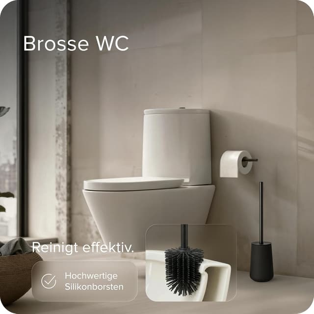 Detalle de Black Sweden Home ensemble salle de bain noir mat : distributeur de savon, gobelets et brosse WC en céramique