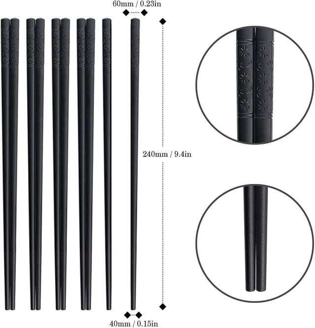 Detalle 1 de AOOSY 5-Paar spülmaschinenfeste Fiberglas-Essstäbchen (schwarz) für Sushi, Reis & Nudeln