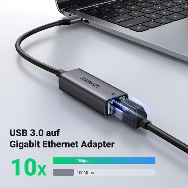 Detalle 2 de UGREEN LAN Adapter 1000 Mbps USB-zu-RJ45 (USB 3.0, Aluminium, Schwarz) – für Switch, Mi Box, Laptop und mehr
