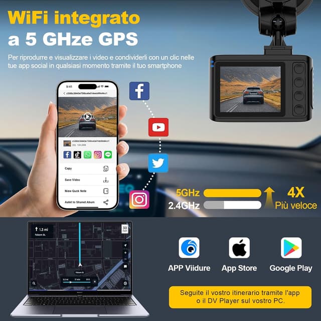 Detalle de Dashcam auto anteriore e posteriore 4K/2.5K con Wi‑Fi 5GHz e GPS, IPS 2,0” e GPS
