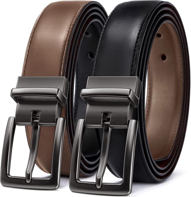 Detalle de BULLIANT Men’s Reversible Leather Belt (1 1/4") – Black & Brown, Adjustable Fit