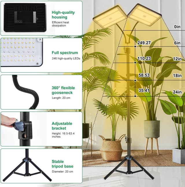 Detalle de LED Pflanzenlampe Vollspektrum mit 492 LEDs, Doppelkopf-Ständer 16–63" und Timer (10 Helligkeiten, Schwanenhals 360°)