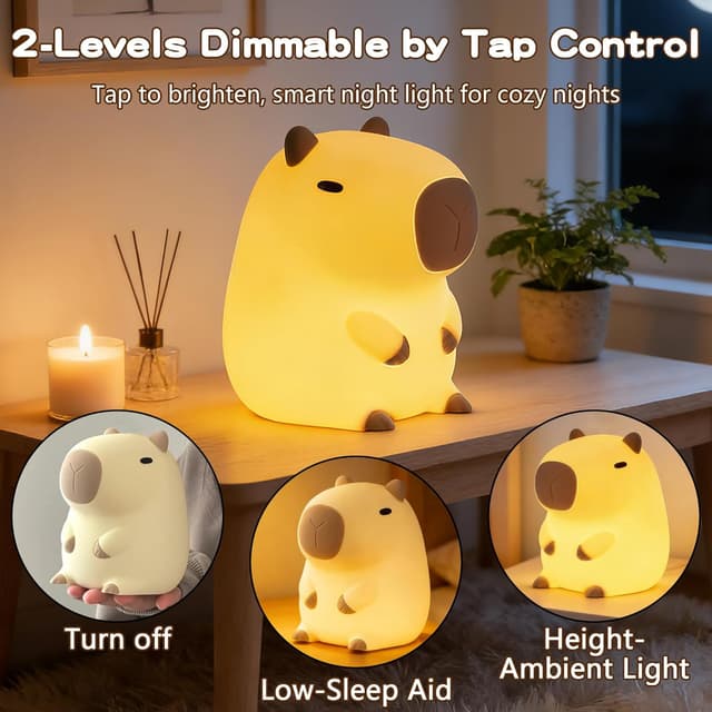 Detalle de FAMIDUO Capybara Night Light for Kids – rechargeable touch LED squishy lamp with 2 dimmable levels